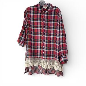 Umgee Tunic Womens L Pink Plaid Button Up Shirt Lace Hem Long Roll Tab Sleeve